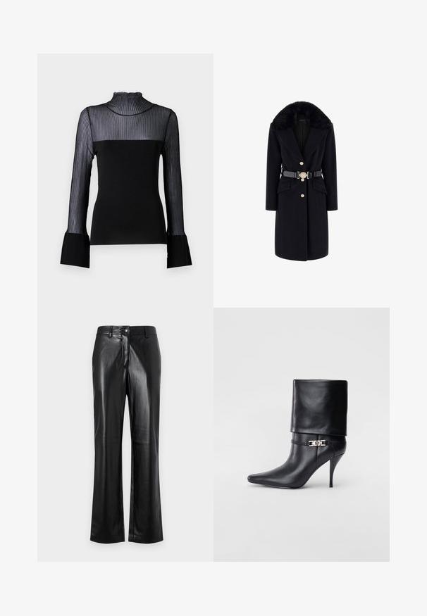 Čierny vlnený kabát s umelým kožušinovým golierom, zlatými gombíkmi, prednými vreckami a čiernym opaskom so zdobenou okrúhlou sponou. Dlhé rukávy a priliehavý strih.; Malina MILLIE - Top s dlhým rukávom - black; Čierne kožené nohavice so strihom rovného nohu, ktoré majú predné zapínanie na gombík, pútka na opasok a hladkú, lesklú textúru.; Čierna kožená členková topánka s špicatou špičkou, vysokým ihlovým podpätkom, prehnutým manžetom a zlatým dekoratívnym sponou na členku.