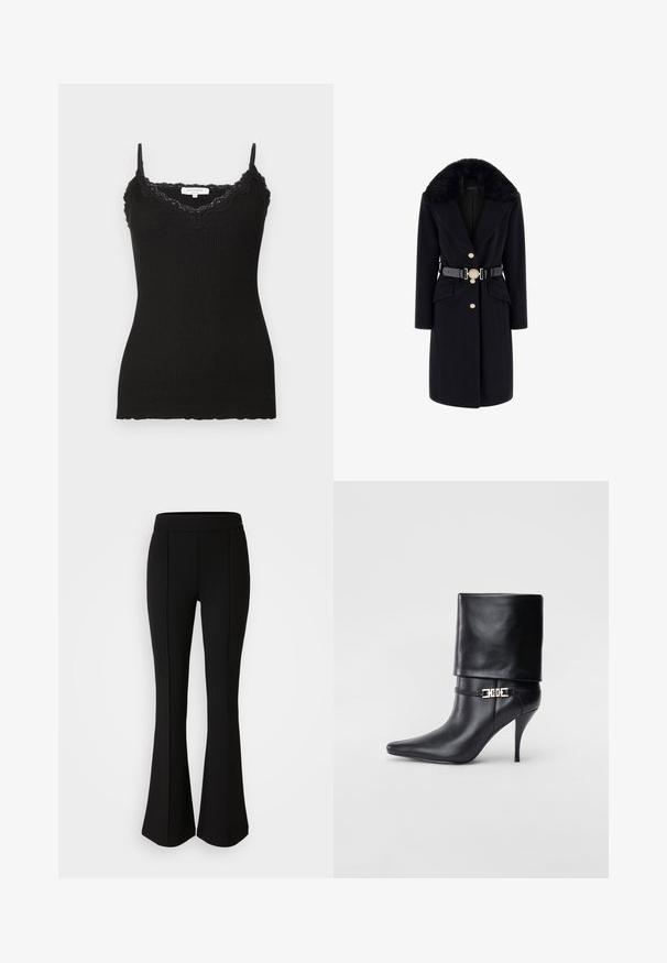 Melnas vilnas mētelis ar mākslīgā mēteļa apkakli, zelta pogām, priekšējiem kabatām un melnu jostu ar dekoratīvu apaļu sprādzi. Garas piedurknes un pielāgota forma.; Melnā ribota krekla virsotne ar mežģīņu apdari ap kakla un apakšmalu. Splānes regulējamās siksnas. Audums izskatās mīksts un ar pieguļošu siluetu.; Melni izplešami bikses, izgatavotas no elastīga materiāla ar gludu tekstūru, ar šuvju detaļām priekšpusē, lai pievienotu dizaina elementus.; Melnas ādas potīšu zābaki ar smailu purngalu, augstu stiletto papēdi, salocītu aproci un zeltītu dekoratīvu sprādzi uz potītes.
