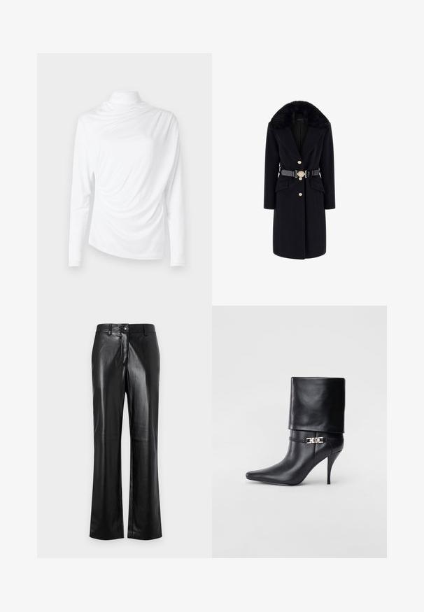 Crni vuneni kaput s umetkom od umjetnog krzna oko ovratnika, zlatnim gumbima, prednjim džepovima i crnim remenom s dekorativnom okruglom kopčom. Dugi rukavi i kroj prilagođen tijelu.; Dugi rukav bijela majica s usporenim ovratnikom, s drapiranim materijalom, mekanom teksturom i asimetričnim prednjim dizajnom. Glatka površina.; Crne kožne hlače ravnog kroja, s prednjim zatvaranjem na dugme, petljama za remen i glatkom, sjajnom teksturom.; Crna kožna gležnjača s šiljastim prstom, visokim stiletto potplatom, preklopnim rubom i zlatnom dekorativnom kopčom na gležnju.
