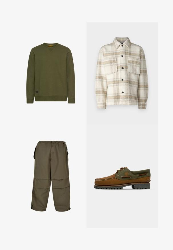 Kurtka z flaneli w kolorze kremowym w kratę z szarymi i żółtymi paskami. Posiada kołnierz, dwie kieszenie na piersi oraz czarne guziki. Miękka tekstura.; Długi rękaw oliwkowej zieleni sweter z okrągłym dekoltem, z ściągaczami na rękawach i dole, mała czarna naszywka z logo blisko dołu oraz naszywka z logo na lewym rękawie.; Khaaki spodnie cargo z elastycznym pasem, kieszeniami bocznymi i zapięciami na zatrzask. Tkanina ma gładką, lekką strukturę.; Brązowy skórzany but z zielonymi akcentami z tkaniny. Oferuje fason w stylu mokasyn, haftowane logo oraz wytrzymałą gumową podeszwę z głębokim bieżnikiem.