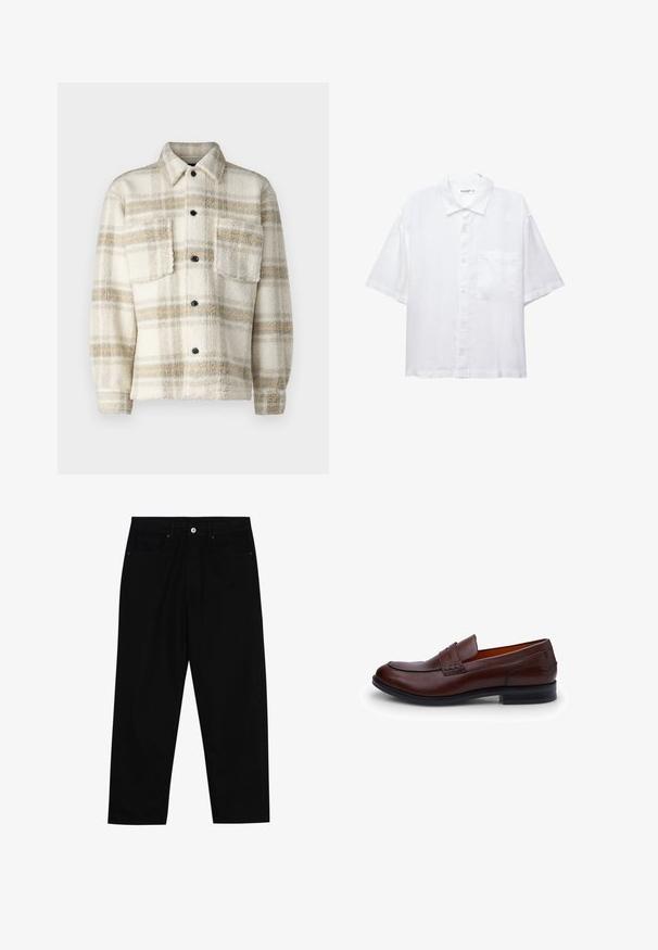 Fleece geruite jas in crème met grijze en gele strepen. Voorzien van een kraag, twee borstzakken en zwarte knopen. Zachte textuur.; Witte korte mouwen shirt met een knoopsluiting aan de voorkant, kraag en een enkele borstzak. Gemaakt van lichte stof met een gladde textuur.; Zwarte denim broek met een recht gesneden pasvorm, vijf gebruikersvriendelijke zakken en een sluiting met een knoop aan de voorkant. Soepele textuur met minimale stikdetails.; Bruine leren instapper met een gladde oppervlakte, een ronde neus, contrasterende stiksels en een lage hak. Beschikt over een decoratieve band over de wreef.