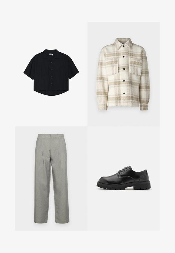 Fleecefodrad jacka i krämfärgad med grå och gula ränder. Har en krage, två bröstfickor och svarta knappar. Mjuk textur.; Svart kortärmad skjorta med knappar, krage och framficka, med en lätt böjd fåll och avslappnad passform.; Grå skräddarsydda byxor i texturerat tyg, med rak linje, framfickor och en standard midja med bälteshällor.; Svarta läderskor med rund tå, snörningsdesign och en tjock, texturerad gummisula. Har sömmar längs kanten och en slät yta.