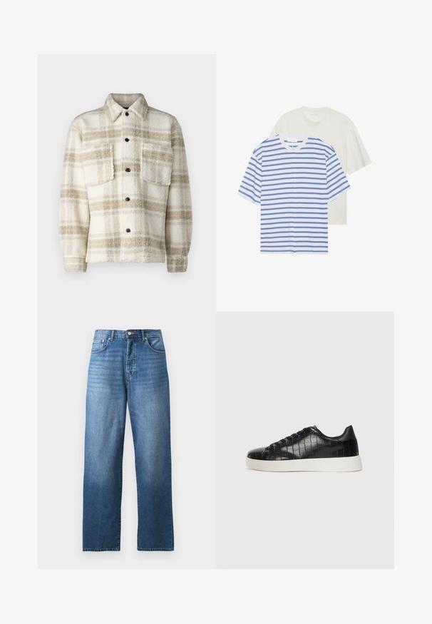 Veste en polaire à carreaux crème avec des rayures grises et jaunes. Dotée d'un col, de deux poches poitrine et de boutons noirs. Texture douce.; Deux t-shirts à manches courtes : un blanc avec des rayures bleues et un autre de couleur crème claire uniforme. Matière en coton doux, design col rond, coupe décontractée.; Jeans en denim bleu à jambes droites avec cinq poches et une fermeture à bouton et zip, présentés sur un fond blanc.; Baskets noires avec un dessus en cuir gaufré effet crocodile, bout rond et semelle en caoutchouc blanc contrastant avec une finition lisse.