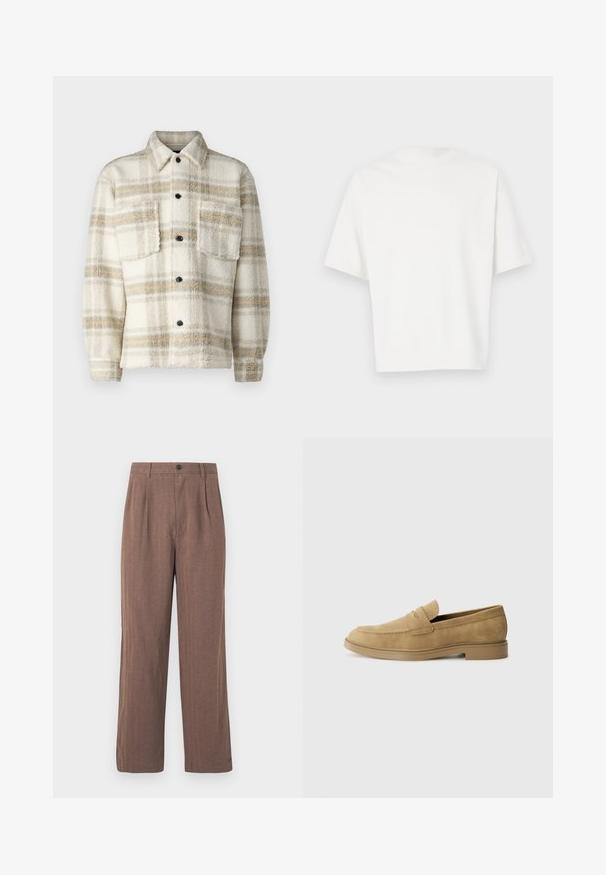 Veste en polaire à carreaux crème avec des rayures grises et jaunes. Dotée d'un col, de deux poches poitrine et de boutons noirs. Texture douce.; T-shirt blanc à manches courtes en tissu doux. Encolure ronde, coupe décontractée et design simple sans embellissements ni motifs.; Pantalons larges en brun, fabriqués en tissu texturé, avec des plis et une fermeture à bouton à la taille. Design ajusté avec des lignes épurées.; Mocassins en daim beige avec un bout arrondi, un petit talon carré et des détails brodés sur la tige. Texture lisse et design minimaliste.