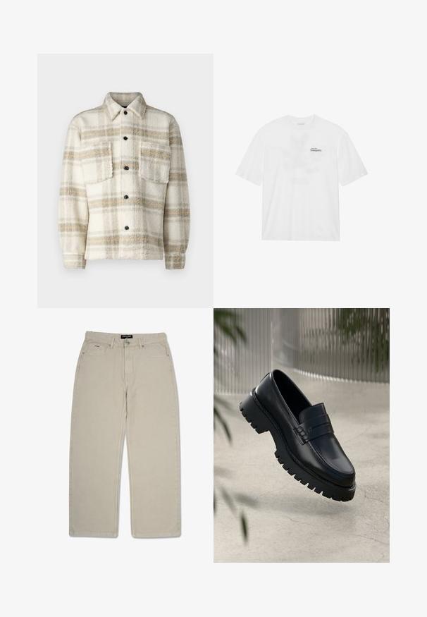 Kreminės spalvos fliso plaide striukė su pilkomis ir geltonomis juostelėmis. Turintis apykaklę, dvi krūtinės kišenes ir juodus mygtukus. Minkšta tekstūra.; Baltas medvilnės marškinėliai su trumpomis rankovėmis, priekyje yra spaudinys su užrašu "Skristi į Ramybę" juoda ir žalia spalvomis.; Bežinės tiesios kojų kelnės, pagamintos iš medvilnės. Yra dvi priekinės kišenės ir maža galinė kišenė. Dvigubi siūlai padidina patvarumą.; Juodi odiniai loafai su storesniu pado protektoriumi, turintys dekoratyvinę juostelę ir siuvinėjimo detales. Lygi tekstūra su blizgiu paviršiumi.