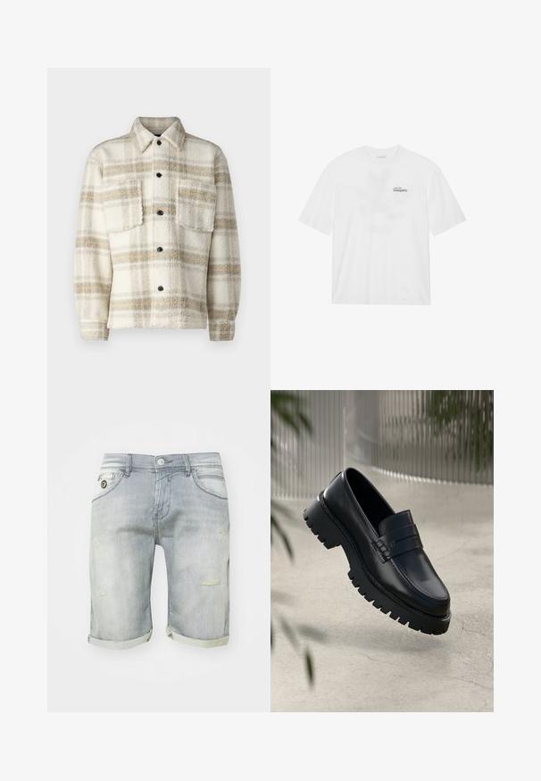 Kreemjas plüüsist ruuduline jakk hallide ja kollaste triipudega. Omab kraed, kahte rinna-taskut ja musti nuppe. Pehme tekstuur.; Valge puuvillane t-särk lühikeste varrukatega, mille esiküljel on musta ja rohelise kirjaga trükk, mis ütleb "Lenda rahu poole".; Heledad sinine teksade lühikesed püksid, millel on pleekinud pesu, üleskeeratud varrukad, ees olevad taskud ja kulumismärgid reie piirkonnas. Nööpidega kinnitamine vööl.; Mustad nahkseid loafereid paksu tallaga, kaunistatud rihma ja õmbluse detailidega. Siledat tekstuuri kaunistab läikiv viimistlus.