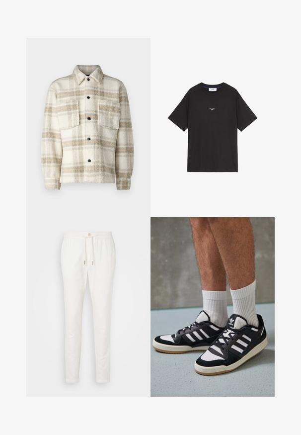 Fleece ternetjakke i creme med grå og gule striber. Har en krave, to brystlommer og sorte knapper. Blød tekstur.; Sort bomulds t-shirt med rund hals og korte ærmer. Har en lille hvid logodetalje på fronten. Simpel design, afslappet pasform.; Hvide linnedbukser med elastisk talje, knaplukning og tætsiddende pasform. Glat tekstur med minimal dekoration og ingen synlige mønstre.; Sorte og hvide sneakers med en overdel i ruskind og læder, der har tre hvide striber, en perforeret tå og en sål i gummigummi.