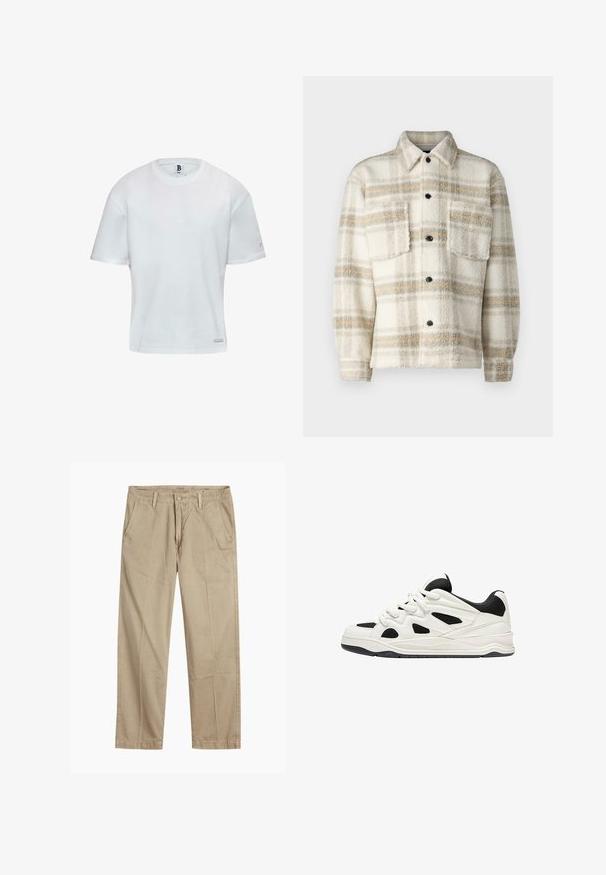 Fleece-Blockjacke in Creme mit grauen und gelben Streifen. Verfügt über einen Kragen, zwei Brusttaschen und schwarze Knöpfe. Weiche Textur.; Weißes Baumwoll-T-Shirt mit Rundhalsausschnitt und kurzen Ärmeln. Gerader Schnitt mit einem kleinen Logoakzent an der Seite. Glatte Textur.; Beige gerade geschnittene Chinos mit Gürtelschlaufen, vorderem Knopf- und Reißverschlussverschluss sowie schrägen Fronttaschen.; Weiß-schwarze Sportschuhe mit einer strukturierten Sohle, die auf der Seite ausgeschnittene Designs und Schnürsenkel aufweisen, sowie eine gepolsterte Ferse für Unterstützung.