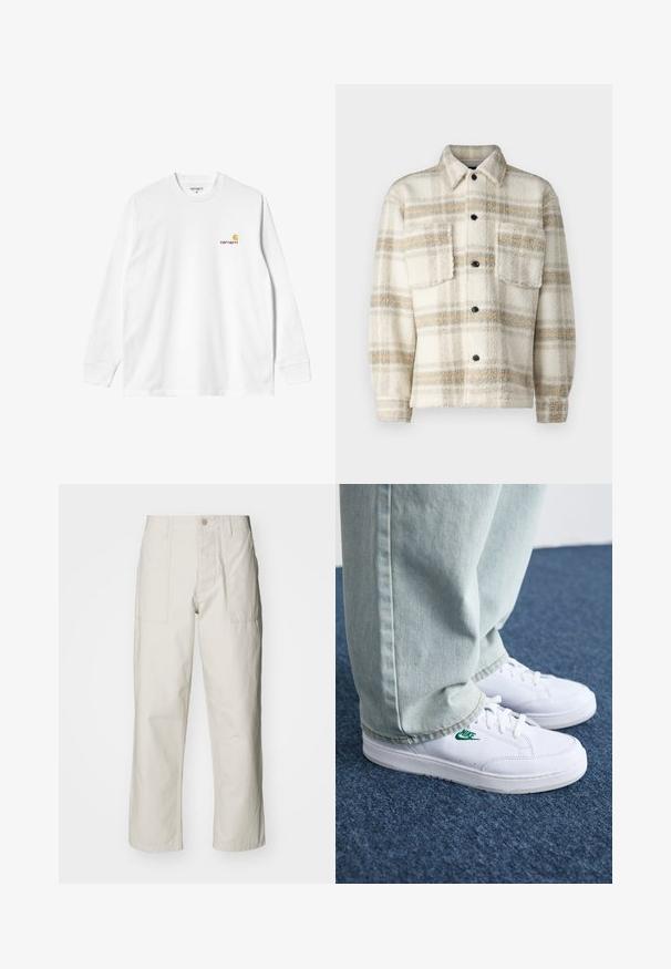 Veste en polaire à carreaux crème avec des rayures grises et jaunes. Dotée d'un col, de deux poches poitrine et de boutons noirs. Texture douce.; T-shirt en coton blanc à manches longues avec un col rond, arborant un petit logo jaune et bordeaux sur la poitrine gauche. Poignets et ourlet sans coutures.; Pantalons larges beige clair en coton. Dotés de poches avant et d'une fermeture à bouton. Texture lisse avec de légères lignes verticales.; Baskets en cuir blanc avec logo Nike vert, bout rond, semelle plate, associées à un pantalon en denim bleu clair, présentées sur un tapis bleu.