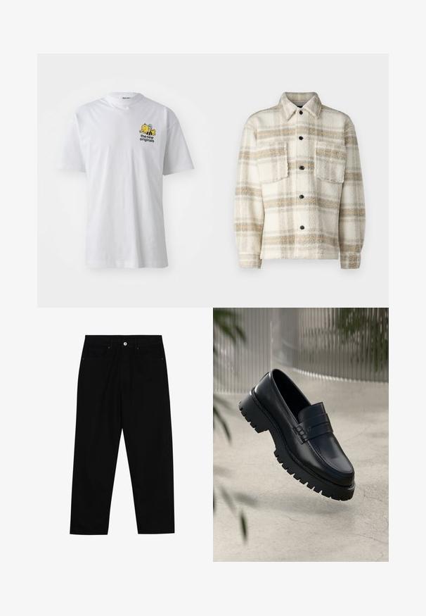 Fleece rutete jakke i krem med grå og gul striper. Har krage, to brystlommer og svarte knapper. Myk tekstur.; Hvit bomulls t-skjorte med kort erm-design, rund hals, og et fargerikt broderi av en bie og tekst på brystet.; Sorte denimbukser med rett benklipp, fem-lomme design og frontknappåpning. Jevn tekstur med minimale sømdetaljer.; Sorte lærloafere med en kraftig såle, som har en dekorativ rem og sømdetaljering. Glatt tekstur med en polert overflate.
