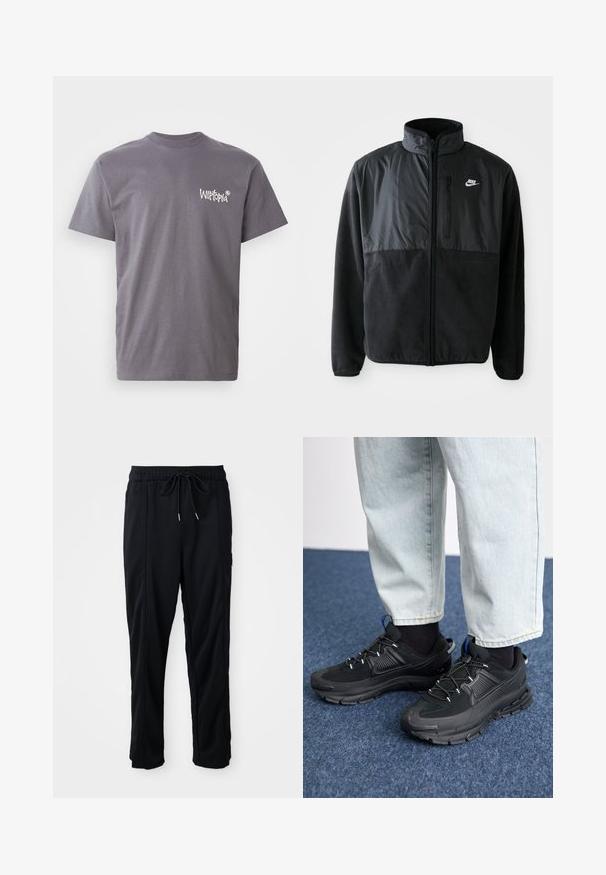 Black Nike fleece jacket with full zipper, high collar, zippered chest pocket, and contrasting fabric panel on upper front.; Gray cotton t-shirt featuring a crew neckline and short sleeves, with white "Witopia" logo printed on the left chest area.; Black drawstring waist casual pants with side seam pockets and straight leg cut on a plain background.; Black athletic shoes with textured fabric and rubber soles, featuring elastic laces and a blue accent on the heel. Worn with light denim pants.
