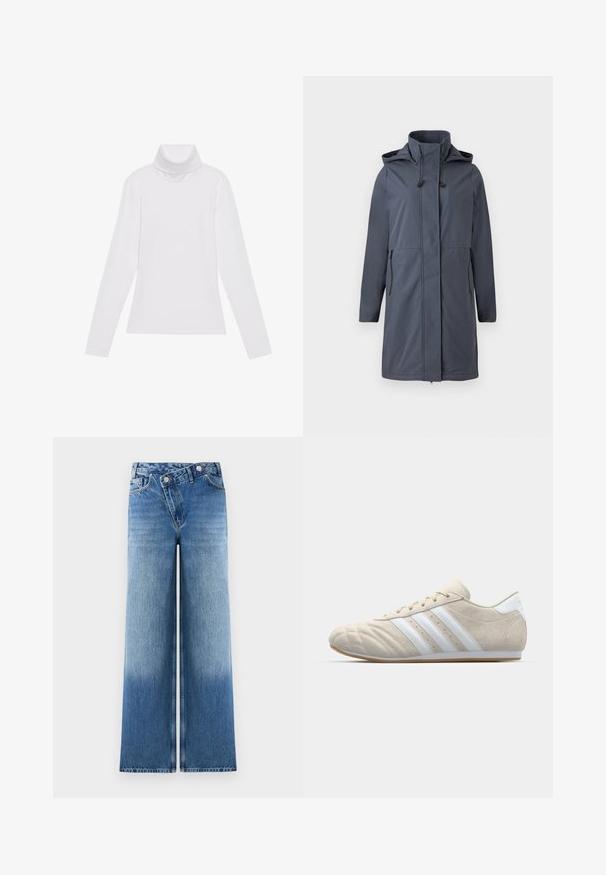 Cappotto impermeabile grigio scuro con colletto alto, cappuccio regolabile, chiusura frontale con zip e due tasche laterali con zip. Texture liscia e maniche lunghe.; Maglia a maniche lunghe bianca a collo alto realizzata in tessuto morbido ed elastico. Presenta un colletto alto e un design aderente, senza motivi o decorazioni visibili.; Jeans azzurri a gamba larga con un lavaggio sbiadito, dotati di un classico design a cinque tasche e dettagli in metallo sui bottoni in vita.; Scarpa in suede beige chiaro con punta arrotondata, design a tre strisce bianche e suola in gomma naturale. Presenta cuciture e un profilo basso.