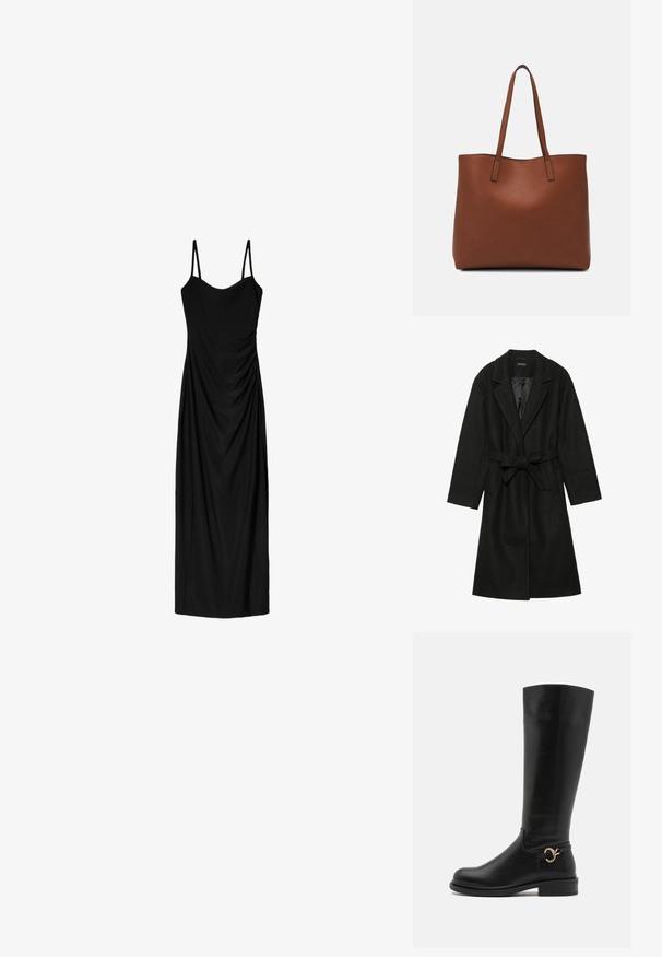 Even&Odd - Klasyczny płaszcz; Czarna midi sukienka z cienkimi regulowanymi ramiączkami, z drapowaną formą i gładką teksturą. Brak widocznych wzorów lub ozdób.; Anna Field Wide Fit - Kozaki; Brązowa skórzana torba tote o gładkiej fakturze, z otwartym wierzchem i dwoma ramiączkami. Charakteryzuje się minimalnym przeszyciem i brakiem widocznych elementów metalowych.