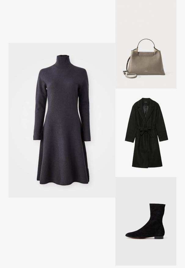 Even&Odd - Klasyczny płaszcz; Czarna, długosleeve sukienka z wysokim kołnierzem. Sylwetka w kształcie litery A, miękka tekstura i dół, który lekko się rozszerza.; Czarne zamszowe botki za kostkę z dopasowaną cholewką, spiczastym noskiem i niskim blokowym obcasem. Gładka faktura i minimalistyczny design, odpowiednie do wszechstronnych stylizacji.; Teksturowana szara skórzana torba na ramię z uchwytem górnym i regulowanym paskiem, charakteryzująca się minimalistycznym designem i subtelnym logo wytłoczonym z przodu.