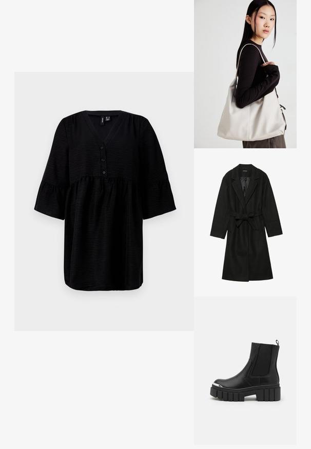 Even&Odd BELTED COAT - Klasikinis paltas - black; Juodas marškinėlis su V formos iškirpte, mygtukų priekyje ir trumpomis volanėlėmis. Pagamintas iš tekstūruotos medžiagos, turi laisvą, plazdantį siluetą.; Juodos kulkšninės batai iš lygaus odos su elastingomis juostelėmis, storu platformos padu ir metaliniu pirštų dangteliu.; Bežinė rankinė, pagaminta iš minkštos medžiagos, turinti laisvą dizainą, siuvinėtas detalės ir dvi petnešos. Tinkama kasdieniam naudojimui.