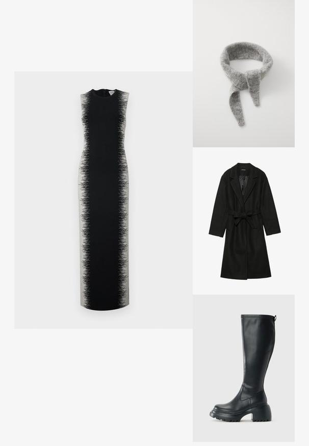 Even&Odd BELTED COAT - Manteau classique - black; Robe sans manches noire avec une silhouette longue et épurée présentant un motif dégradé gris passant d'une teinte unie à une texture.; Botte en cuir noir haute avec semelle plateforme épaisse et talon carré, dotée d'une languette et d'un motif texturé sur la semelle extérieure.; Samsøe Samsøe DIAMOND SCARF - Écharpe - grey melange