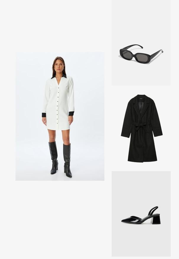 Even&Odd BELTED COAT - Klassisk frakke - black; Hvid skjorte-kjole med sort krave og manchetter, med lige snit, lange ærmer og metalliske knapdetaljer.; Sorte patentlæder slingback hæle med spids tå og en geometrisk blok hæl. Har et elegant, minimalistisk design og en glat tekstur.; Sorte rektangulære solbriller med mørke linser. Tykt plastiklavet stel med glat overflade og afrundede kanter. Stilfulde stænger strækker sig udad.; Hvid læderhåndtaske med en struktureret design, der har et håndtag på toppen og en guldfarvet spænde. Glat tekstur og minimalistische detaljer.
