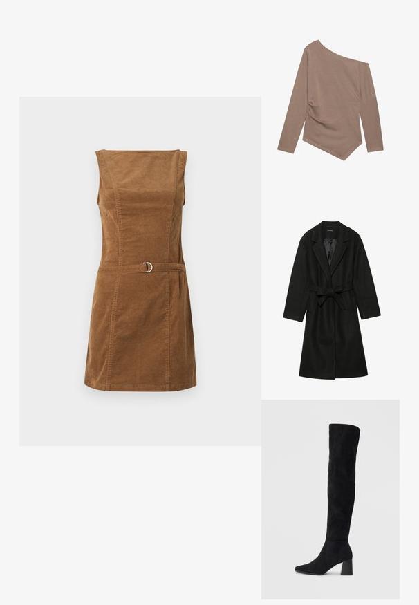 Even&Odd BELTED COAT - Palton clasic - black; Rochie din catifea maro cu decolteu pătrat, design fără mâneci, corset ajustat și o curea cu un detaliu din metal circular argintiu.; Top lung cu mâneci lungi de culoare maro, cu un design off-shoulder, tiv asimetric și textură gathered pe o parte. Material moale cu cusături minime.; Cizme negre din suede, cu toc bloc, vârf ascuțit și un design neted, fără cusături, pe un fundal deschis.