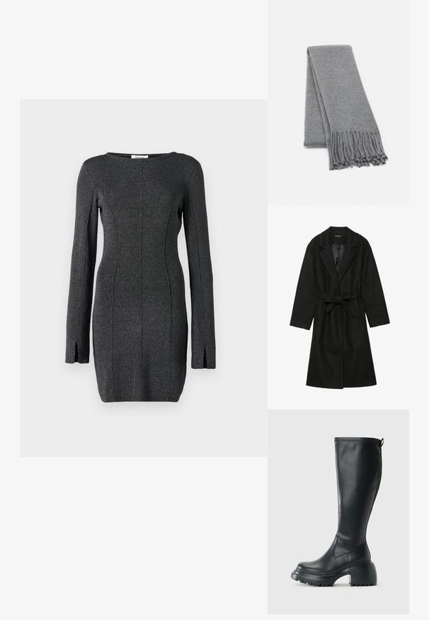 Even&Odd BELTED COAT - Klasikinis paltas - black; Juoda trikotažinė suknelė ilgomis rankovėmis, kuri turi šonus plyšius, apvalų iškirpimą ir siūlių detales, suteikiančias prigludusį siluetą.; Ilgas juodos odinės batai su masyvi platforma ir stačiakampiu kulnu, turintys traukimo kilpą ir tekstūruotą pado raštą.; Pilkas vilnonis šalikas su minkšta tekstūra, turintis kutais apipintas kraštus ir paprastą dizainą. Gražiai sulenkta, pabrėžiant jo pailgą formą.