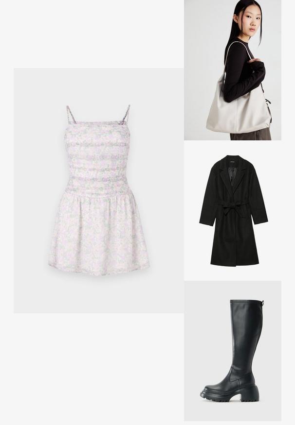 Even&Odd BELTED COAT - Palton clasic - black; Rochie cu imprimeu floral, cu bretele subțiri, într-o nuanță de mov deschis și verde. Culoarea ajustată cu textură plisată, fustă fluidă, material ușor.; Cizme lungi din piele neagră cu talpă platformă masivă și tocul pătrat, având un tab de tragere și un model texturat pe talpa exterioară.; Geantă bej din material moale, cu un design lejer, detalii cusute și două bretele pentru umăr. Potrivită pentru utilizarea zilnică.
