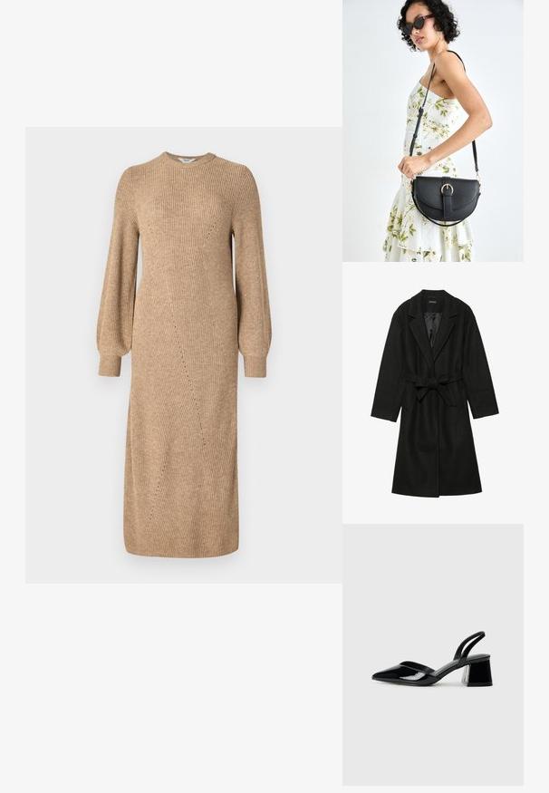Even&Odd BELTED COAT - Classic coat - black; Beige knitted dress with long, puffed sleeves, ribbed texture, and angled seam details, reaching mid-calf. Round neckline and fitted silhouette.; Black patent leather slingback heels with a pointed toe and a geometric block heel. Features a sleek, minimal design and smooth texture.; Black leather handbag with a curved shape, detachable strap, and gold hardware. The bag features a flap with a buckle detail.