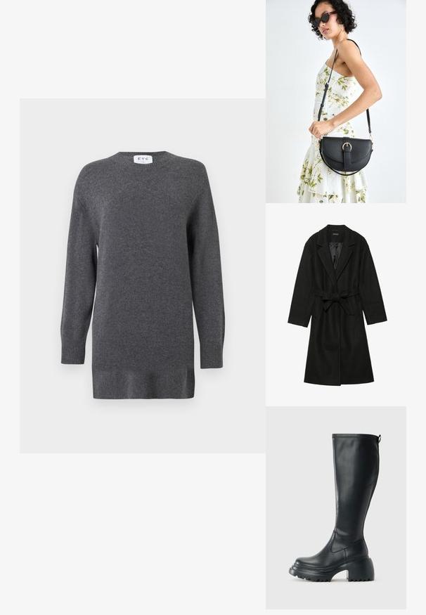 Even&Odd BELTED COAT - Mantel - black; Grijze gebreide trui van zachte stof, met een ronde halslijn, lange mouwen en geribbelde manchetten en zoom. Eenvoudig en klassiek ontwerp.; Hoge zwarte leren laars met een chunky plateauzool en blokhak, voorzien van een trekband en een gestructureerd profiel op de buitenzool.; Zwarte leren handtas met een gebogen vorm, afneembare schouderband en gouden hardware. De tas heeft een klep met een gespsluiting.