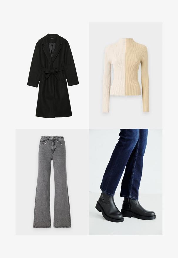 Even&Odd BELTED COAT - Klassikaline mantel - black; Ribiga kaelusega kampsun pika varrukaga, kahe tooniga disainis koore- ja beežvärviga, rõhutades vastandlikke tekstuure ja värve.; Hallideg pants hallideg jeanid hallideg denimis, millel on kõrge vöökoht, esitaskud ja dekoratiivsed nupud külgõmbluste mööda. Sujuv tekstuur.; Mustad mustad nahast sääre kõrgused saabastega, millel on paks tald ja küljel elastsed paneelid, kombineeritud tumedate siniste teksadega. Maapind on heledat värvi.