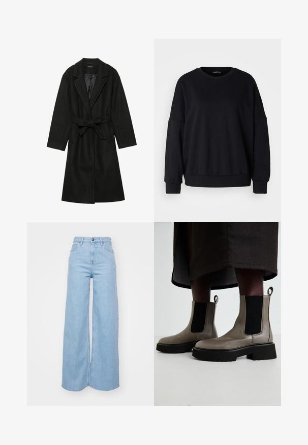 Even&Odd BELTED COAT - Klassinen takki - black; Musta collegepaita, jonka kaula-aukko on pyöreä, rento malli, pudotetut hartiat, ribbireunat ja teksturoitu kangas. Minimalistinen muotoilu ilman kuvioita.; Lee STELLA - Relaxed fit -farkut - inner magic; Harmaat nilkkurit, jotka on valmistettu teksturoidusta nahasta ja joissa on joustavat sivupaneelit sekä paksu musta pohja. Varustettu vetoketjuilla, jotka helpottavat pukemista.