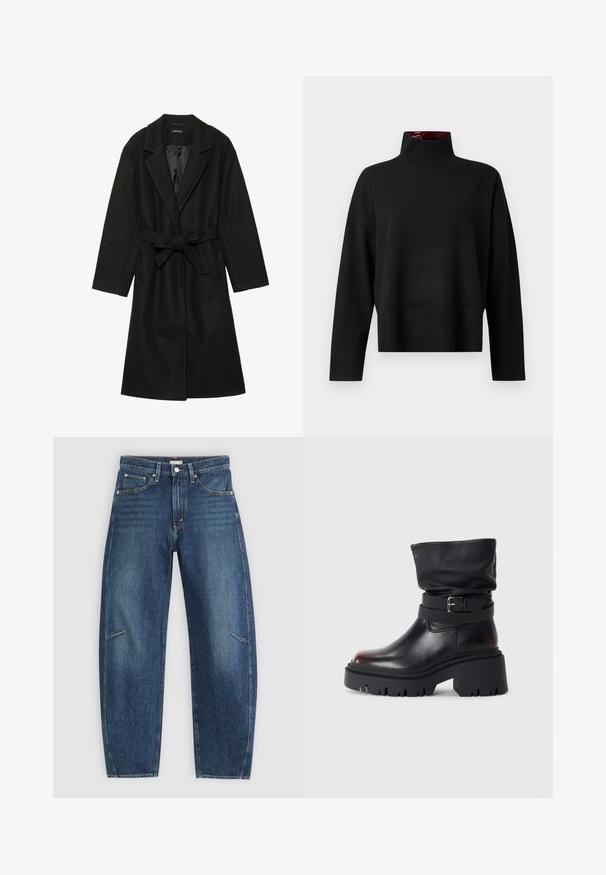 Even&Odd BELTED COAT - Palton clasic - black; Pulover negru cu guler înalt, realizat dintr-un material tricotat moale. Are un guler și manșete cu nervuri, cu o croială lejeră și o lungime scurtă.; Jeans din denim albastru închis, cu design drept, având buzunare frontale, cusături în contrast și o textură ușor decolorată pe picioare.; Botină din piele neagră, cu un tiv căzut, detaliu cu cataramă și talpă groasă, robustă. Are vârf rotund și textură netedă.