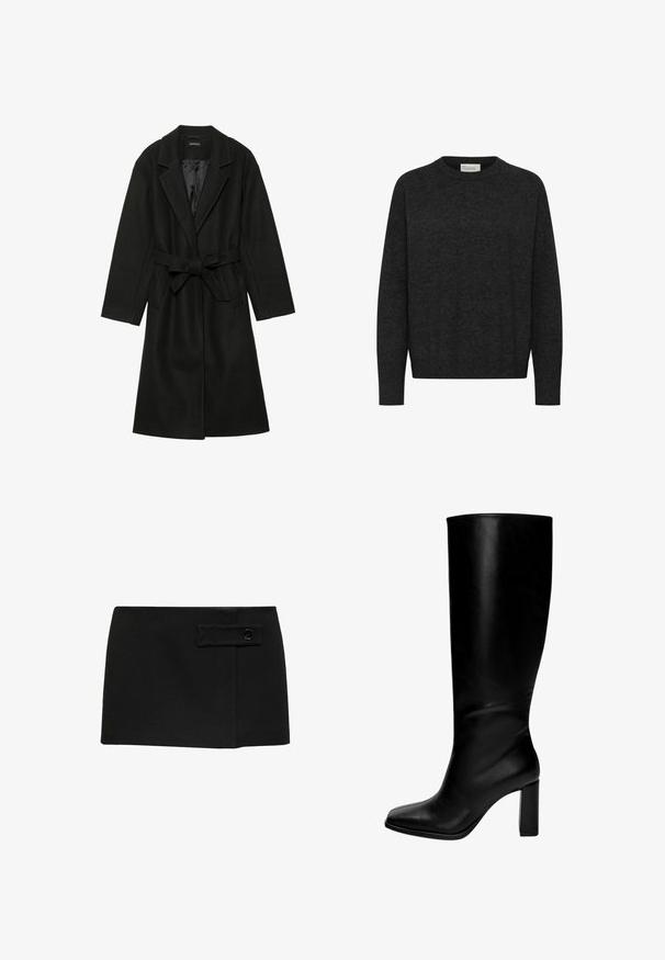 Even&Odd BELTED COAT - Klasični plašč - black; Temno sivi volnen pulover z okroglim izrezom, dolgimi rokavi in sproščenim krojem, ki ima gladko teksturo in minimalne oblikovne podrobnosti.; Črno mini krilo z gladko teksturo, s stransko žepno preklopko in črnim gumbom na sprednji strani.; Črne usnjene škornje do kolen s kvadratnim prstom in debelim peto. Gladka tekstura, prilegajoča zasnova in brez vidne strojne opreme ali vzorcev.