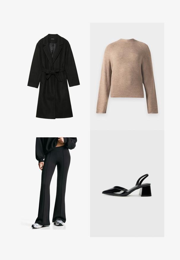 Even&Odd BELTED COAT - Classic coat - black; Beige knitted sweater with a round neck, long sleeves, and ribbed hem. Soft texture and relaxed fit with raglan sleeve design.; Black flared pants with a high waistband and side seams. Made of stretchy fabric, they feature a smooth texture. Paired with athletic shoes.; Black patent leather slingback heels with a pointed toe and a geometric block heel. Features a sleek, minimal design and smooth texture.