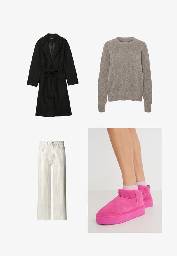 Even&Odd BELTED COAT - Klasický kabát - black; Svetle šedý pletený svetr s kulatým výstřihem, dlouhými rukávy a jemně texturovaným povrchem. Bez viditelných vzorů či akcentů.; Světle zbarvené kalhoty s širokými nohavicemi a svislými pruhy, vyrobené z bavlněné tkaniny. Obsahují zapínání na knoflík a poutka na opasek.; Even&Odd LEATHER - Kotníková obuv - pink