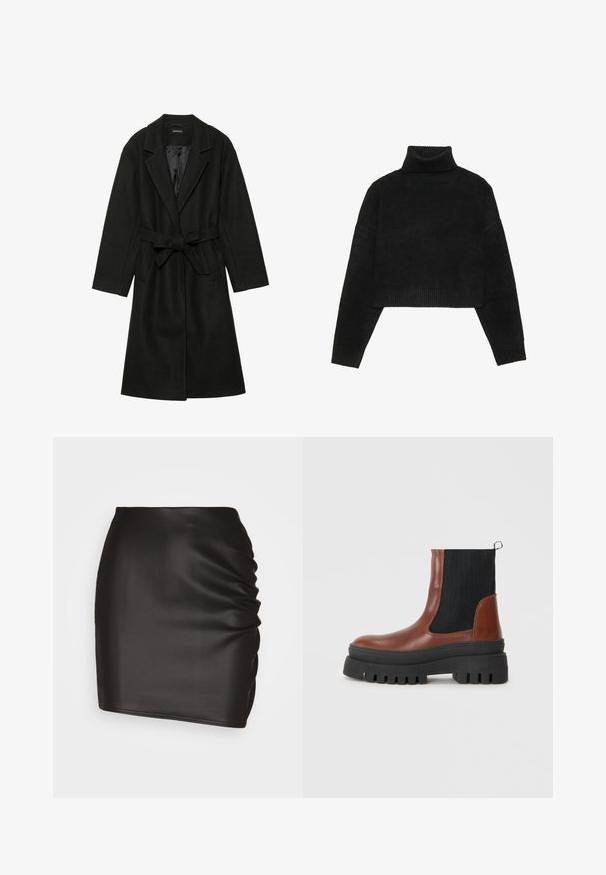 Even&Odd BELTED COAT - Palton clasic - black; Pulover scurt negru cu guler înalt cu țesătură rib și manșete, având o textură netedă și o croială lejeră. Design simplu, minimalistic.; Fustă mini neagră din material sintetic neted, cu detalii pliate pe o parte și o siluetă ajustată.; Ghete de gleznă din piele maro, cu panouri elastice negre, talpă groasă din cauciuc negru și un tab de prindere în spate pentru o purtare ușoară.