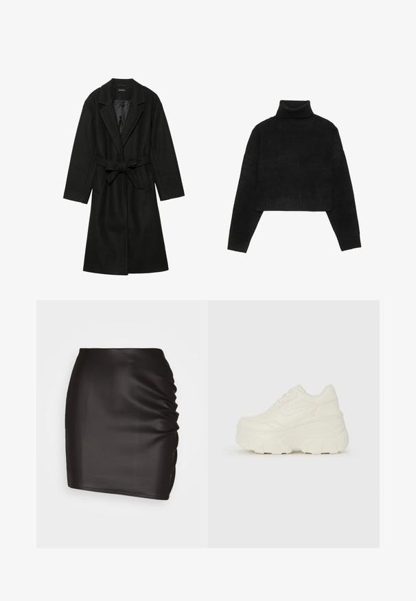 Even&Odd BELTED COAT - Klasický kabát - black; Čierny skrátený sveter s rebrovaným rolákom a manžetami, s hladkou textúrou a voľným strihom. Jednoduchý, minimalistický dizajn.; Čierna mini sukňa vyrobená z hladkého syntetického materiálu, s nariasením na jednej strane a priliehavým strihom.; Biele platformové tenisky s hladkým koženkovým svrchným materiálom, zaobleným tvarom, polstrovaným golierom a textúrovanou gumovou podrážkou s výrazným vzorom.