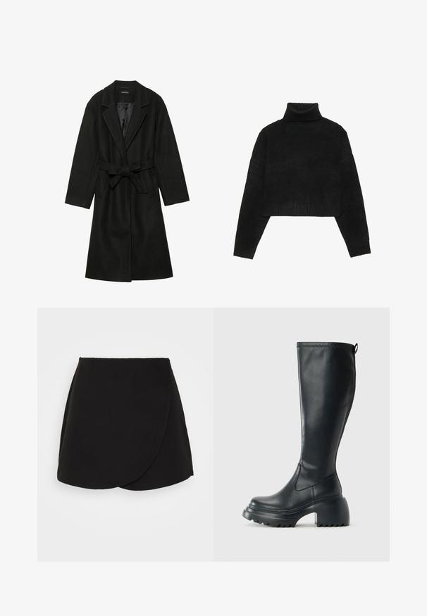 Even&Odd BELTED COAT - Klassisk kåpe / frakk - black; Svart cropped genser med ribbestrikket høy hals og mansjetter, med en jevn tekstur og avslappet passform. Enkel, minimalistisk design.; Svart omslagskjørt med en glatt tekstur, med en buet kant og diskrete sømdetaljer. Designet for en tettsittende silhuett.; Høy svart lærstøvel med chunky plattformsåle og blokkhelt, med trekkstang og teksturert mønster på yttersålen.