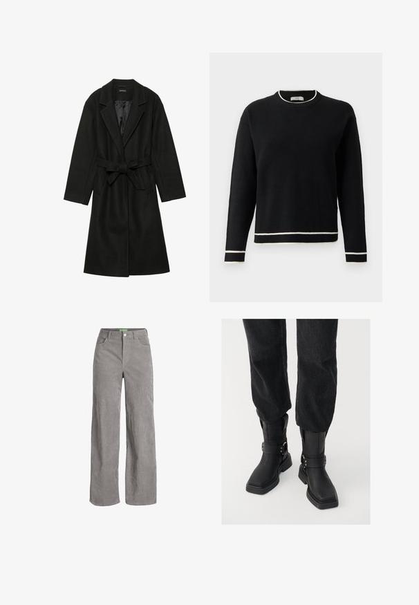 Even&Odd BELTED COAT - Casaco clássico - black; Sweater preto de manga longa com decote redondo, com acabamento branco no colarinho, nos punhos e na bainha, exibido contra um fundo branco liso.; Calças largas de corduroy cinzas com fecho de botão e passantes para cinto. Apresenta dois bolsos laterais e um tecido suave e текстurizado.; Botas de tornozelos em couro preto com bico quadrado, apresentando uma faixa larga e detalhe em fivela metálica. As botas têm uma sola robusta e textura suave.