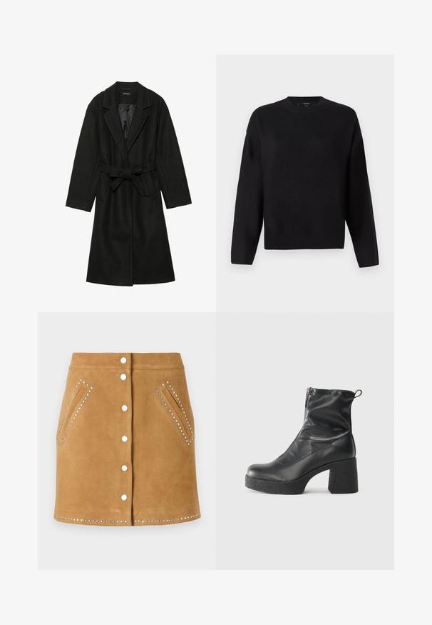 Even&Odd BELTED COAT - Klassikaline mantel - black; Mustmust mustriga, ümmarguse kaelusega, langevate õlgadega ja ribakudumisega mansettidega. Sile tekstuur ja lõdvestunud, kastikujuline istuvus.; Pruun nubuk-seelik, millel on ees kinnitatud nööp, kaks külge taskut ja hõbedased nupud taskute ja äärmike ääres. Sile tekstuur.; Mustad mustad ansapüksid, mis on valmistatud siledast nahast, külje zipperiga, paksu tekstuuriga kontsaga ja ümmarguse nina disainiga.
