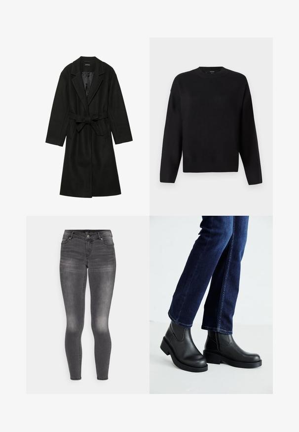 Even&Odd BELTED COAT - Klasszikus kabát - black; Fekete kötött pulóver kerek nyakkivágással, eső válú ujjakkal és bordázott mandzsettákkal. Simaszerkezet és laza, doboz alakú szabás.; Szürke, skinny farmernadrág, kopott hatású anyagból, elülső cipzárral és gombos záródással, öt zsebbel és testhezálló sziluettel.; Fekete bőr bokacsizma vastag talppal és oldalán elnyújtott elasztikus betétekkel, sötétkék farmerral párosítva. A talaj világos színű.