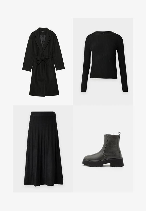 Even&Odd BELTED COAT - Klasični plašč - black; Črna rebrasta dolgosleeve prilegnjena pulover s krožnim ovratnikom, prikazan na enostavni svetli podlagi.; Črna nabran krilo iz mehkega materiala, ki ima rebrast pas in ohlapen dizajn, ki sega do sredine meč.; Črne gležnjarje s gladkim sintetičnim zgornjim delom, elastičnimi stranskimi paneli, zanka za poteg in debelim gumijastim podplatom.