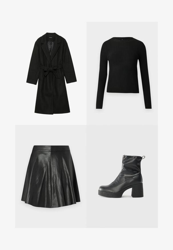 Even&Odd BELTED COAT - Manteau classique - black; Pull ajusté noir à manches longues et côtelé avec un col rond, présenté sur un fond clair uni.; Jupe évasée en simili cuir noire avec des surpiqûres et une taille ajustée sur un fond clair.; Bottes noires à la cheville en cuir lisse, dotées d'une fermeture éclair sur le côté, d'un talon épais texturé et d'une conception à bout rond.