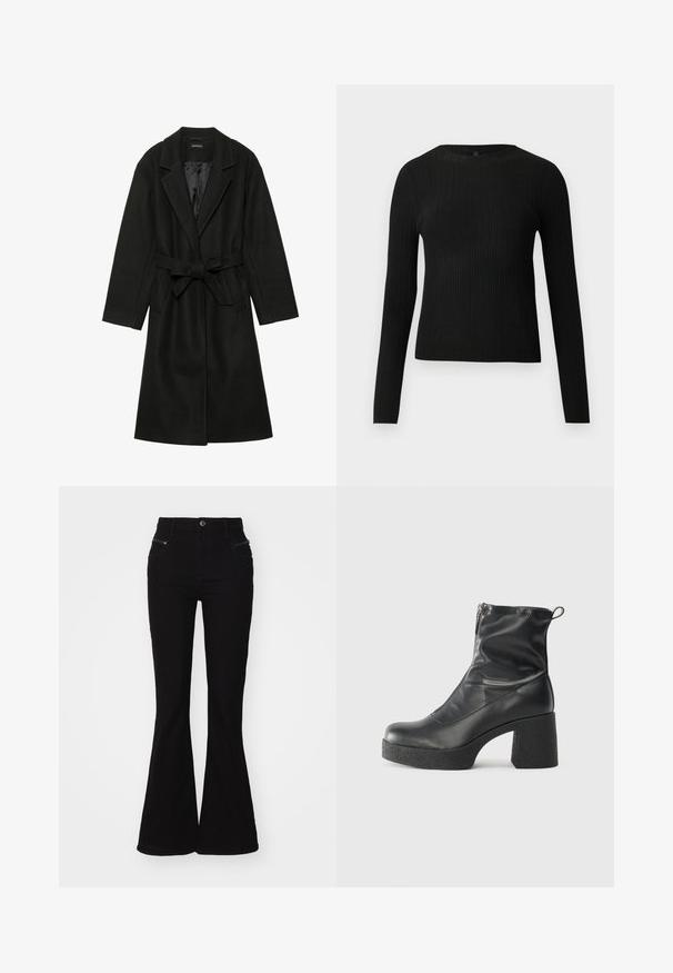 Even&Odd BELTED COAT - Klasikinis paltas - black; Juoda dryžuota ilga rankovė prigludusi megztinis su apvalia iškirpte, pateiktas prieš paprastą šviesią fono.; Juodai platėjantys džinsai su aukštu liemeniu, turintys priekinius kišenes ir užtrauktukų akcentus. Pagaminti iš lygaus džinsinio audinio.; Juodos kulkšninių botai, pagaminti iš lygaus odos, su šoniniu užtrauktuku, masyviu tekstūruotu kulnu ir apvaliu pirštu.