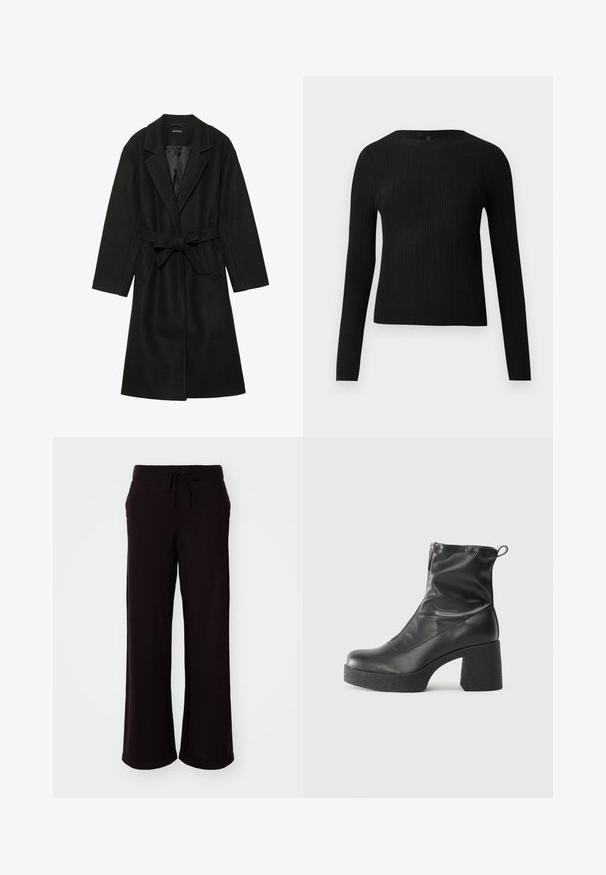 Even&Odd BELTED COAT - Klassisk kappa / rock - black; Svart ribbad långärmad åtsittande tröja med rund halsringning, visad mot en enkel ljus bakgrund.; GAP Tygbyxor - terra brown; Svarta ankelstövlar i slitstark läder, med sidodragkedja, kraftig strukturerad klack och rundad tådesign.