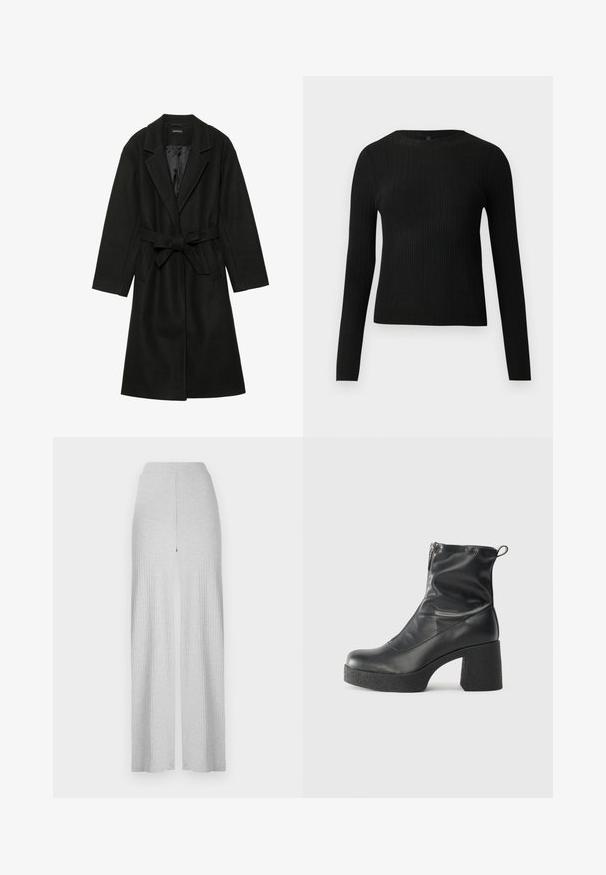 Even&Odd BELTED COAT - Manteau classique - black; Pull ajusté noir à manches longues et côtelé avec un col rond, présenté sur un fond clair uni.; Pantalons larges côtelés gris clair avec une taille haute et une fente avant. Fabriqués en tissu doux avec une texture lisse.; Bottes noires à la cheville en cuir lisse, dotées d'une fermeture éclair sur le côté, d'un talon épais texturé et d'une conception à bout rond.