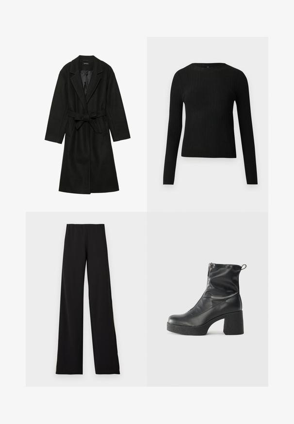 Even&Odd BELTED COAT - Klasični plašč - black; Črna rebrasta dolgosleeve prilegnjena pulover s krožnim ovratnikom, prikazan na enostavni svetli podlagi.; Črne široke hlače iz mehkega blaga, ki imajo elastičen pas in gladko teksturo s čistim silhueto.; Črne gležnjarje iz gladke kože z božnim zadrgo, masivnim teksturiranim peto in zaobljeno obliko prstov.