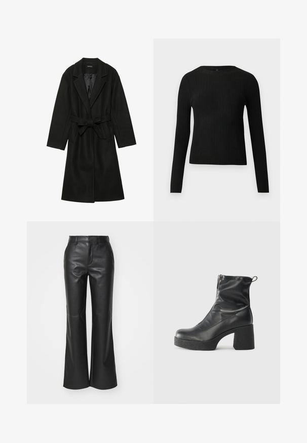 Even&Odd BELTED COAT - Klasszikus kabát - black; Fekete bordázott, hosszú ujjas, testhez simuló pulóver kerek nyakkivágással, világos, egyszínű háttér előtt kiemelve.; Fekete bőrből készült, átlósan bővülő nadrág sima felülettel, övbújtatókkal és oldalsó zsebekkel; modern, szabott megjelenésre tervezve.; Fekete bokacsizmák sima bőrből, oldalsó cipzárral, vastag, texturált sarkú és lekerekített orrú dizájnnal.