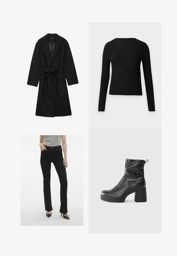 Even&Odd BELTED COAT - Manteau classique - black; Pull ajusté noir à manches longues et côtelé avec un col rond, présenté sur un fond clair uni.; Jean flare noirs avec une texture lisse, design à cinq poches et fermeture avec un bouton en métal, associés à des talons aiguilles noirs.; Bottes noires à la cheville en cuir lisse, dotées d'une fermeture éclair sur le côté, d'un talon épais texturé et d'une conception à bout rond.