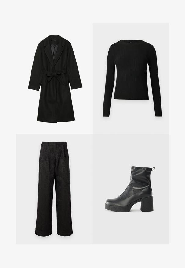 Even&Odd BELTED COAT - Klasszikus kabát - black; Fekete bordázott, hosszú ujjas, testhez simuló pulóver kerek nyakkivágással, világos, egyszínű háttér előtt kiemelve.; Fekete, bőszárú nadrág, texturált anyagból, finom mintázattal. Szabványos derékrésszel és egyenes szárnyílásokkal rendelkezik.; Fekete bokacsizmák sima bőrből, oldalsó cipzárral, vastag, texturált sarkú és lekerekített orrú dizájnnal.