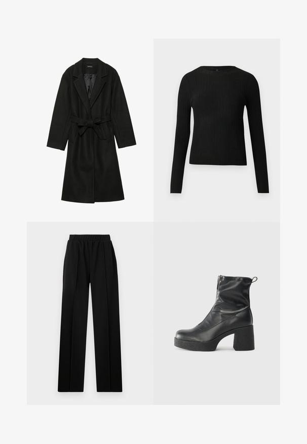 Even&Odd BELTED COAT - Casaco clássico - black; Suéter preto de mangas compridas com textura canelada, justo ao corpo, com um decote redondo, exibido contra um fundo claro e liso.; Calças largas pretas com uma cintura elástica, apresentando uma textura de tecido suave e sem padrões ou detalhes visíveis.; Botas de tornozelo pretas feitas de couro liso, com fecho lateral, salto grosso texturizado e design de bico arredondado.