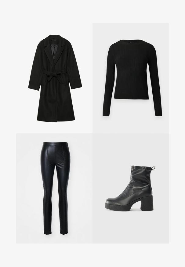 Even&Odd BELTED COAT - Klasszikus kabát - black; Fekete bordázott, hosszú ujjas, testhez simuló pulóver kerek nyakkivágással, világos, egyszínű háttér előtt kiemelve.; Fekete műbőr nadrág testhezálló kialakítással, elől díszítő varrásokkal és cipzárakkal a bokarészén a plusz stílusért.; Fekete bokacsizmák sima bőrből, oldalsó cipzárral, vastag, texturált sarkú és lekerekített orrú dizájnnal.