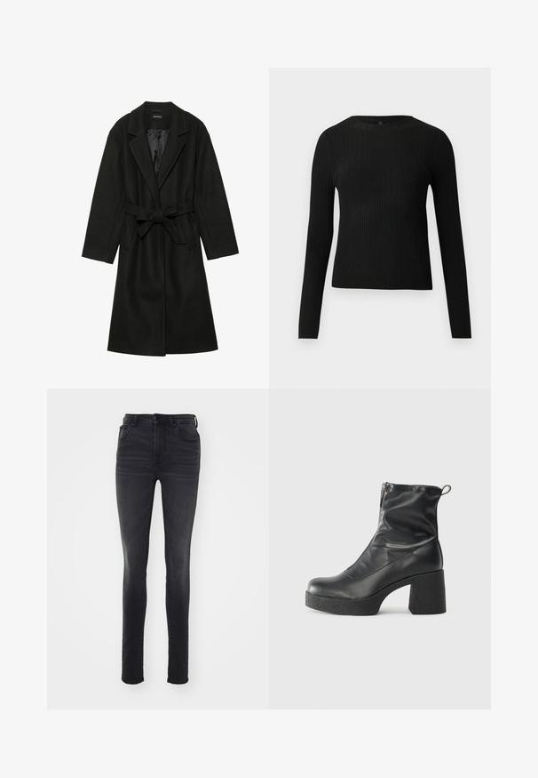Even&Odd BELTED COAT - Klasszikus kabát - black; Fekete bordázott, hosszú ujjas, testhez simuló pulóver kerek nyakkivágással, világos, egyszínű háttér előtt kiemelve.; Feszes szabású fekete farmernadrág, magas derekú kivitelben, öt zsebes dizájnnal, enyhe fakulással és egyenes sziluettel.; Fekete bokacsizmák sima bőrből, oldalsó cipzárral, vastag, texturált sarkú és lekerekített orrú dizájnnal.